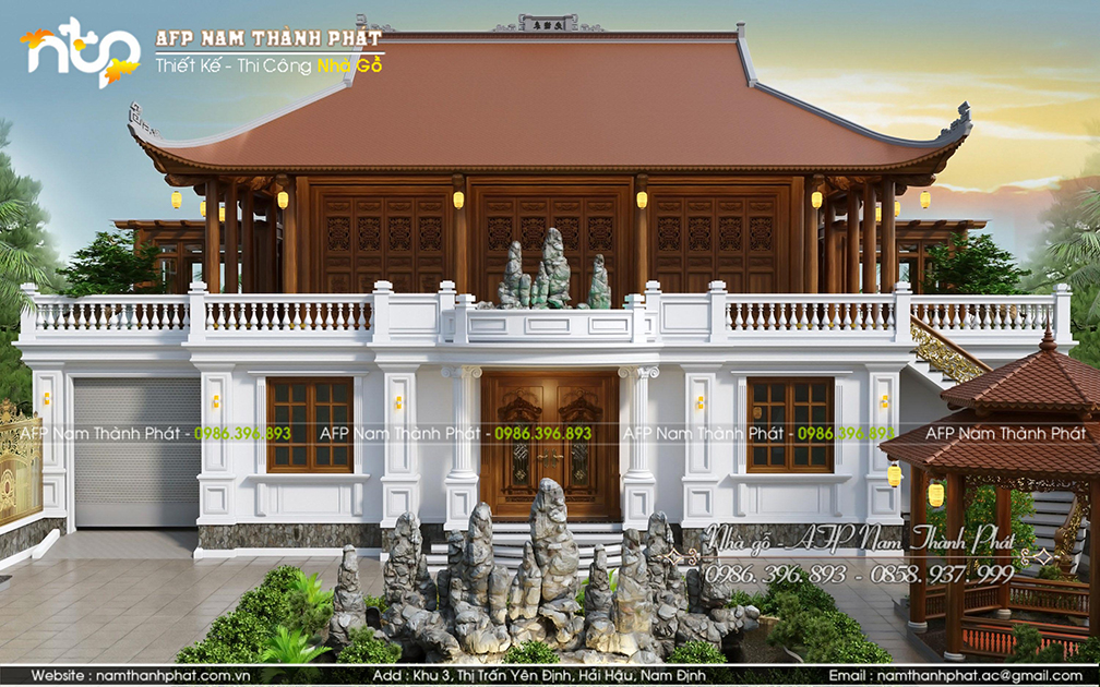 Mẫu nhà gỗ 3 gian 2 tầng tại Hưng Yên: Nổi bật dàn đèn treo 7 ngọn Pháp cổ!  | Denchumcoxua.com
