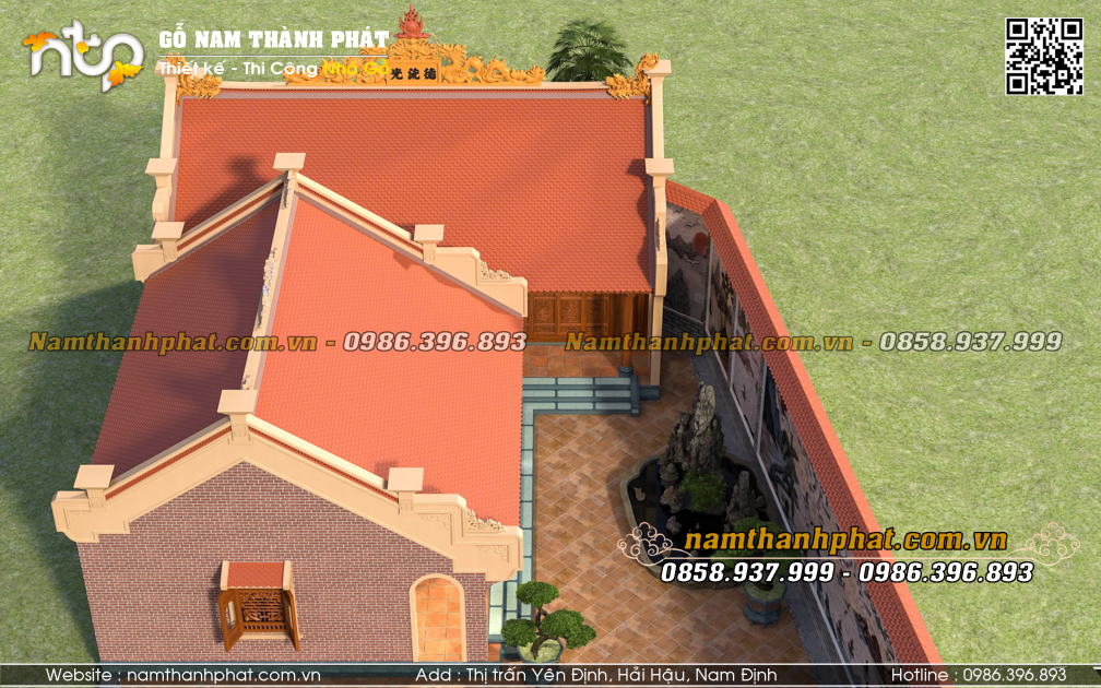 Khuôn Viên Nhà Gỗ 3 Gian Đẹp Kết Hợp Điện Thờ - Mẫu Thiết Kế Chuẩn Phong Thủy