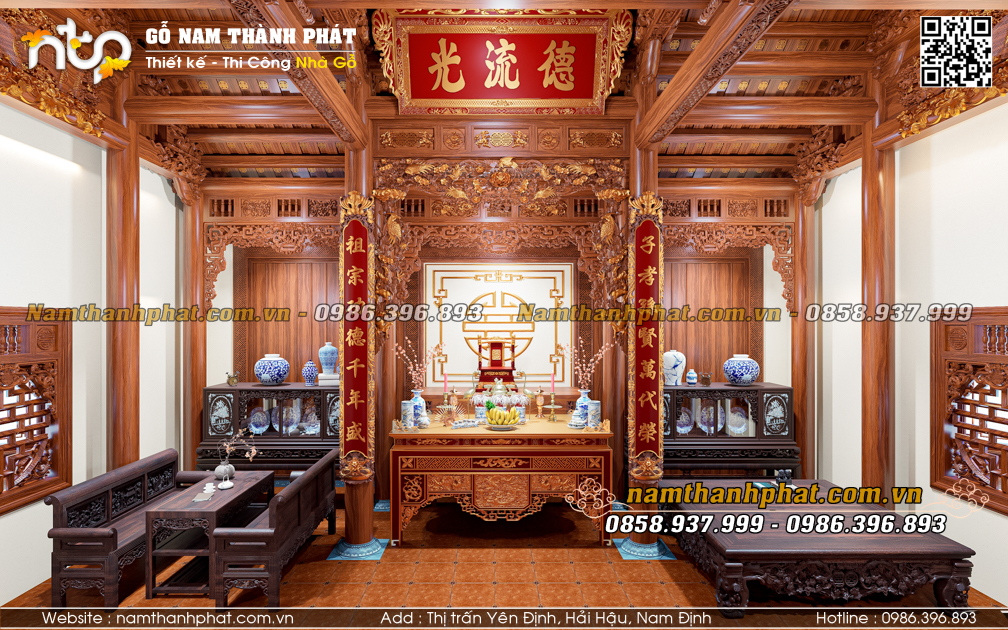 không gian nội thất nhà gỗ 3 gian mộc mạc và ấm cúng