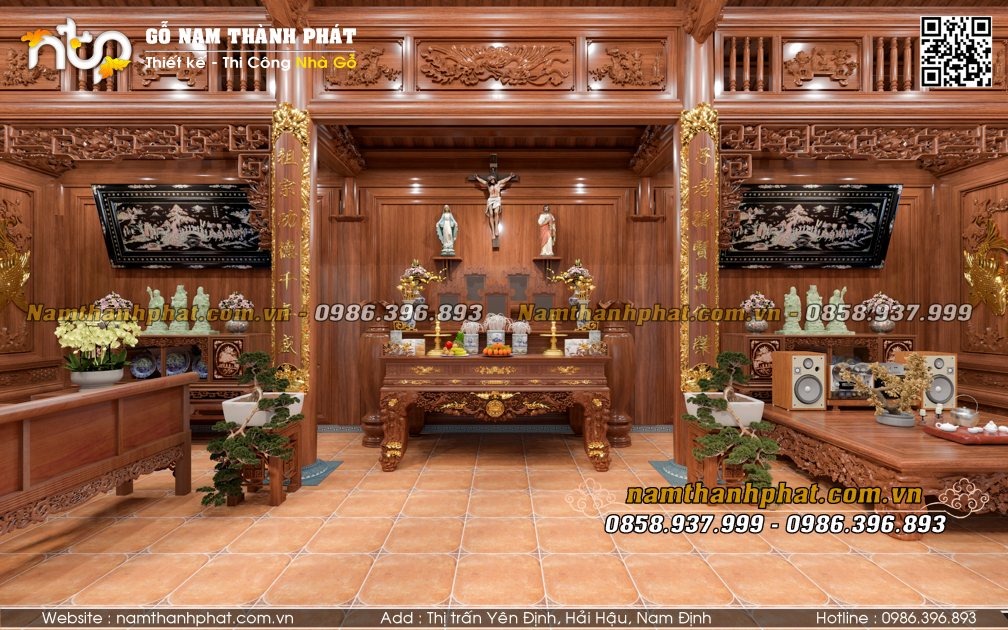 thiết kế nội thất nhà gỗ 3 gian trang trọng, linh thiêng