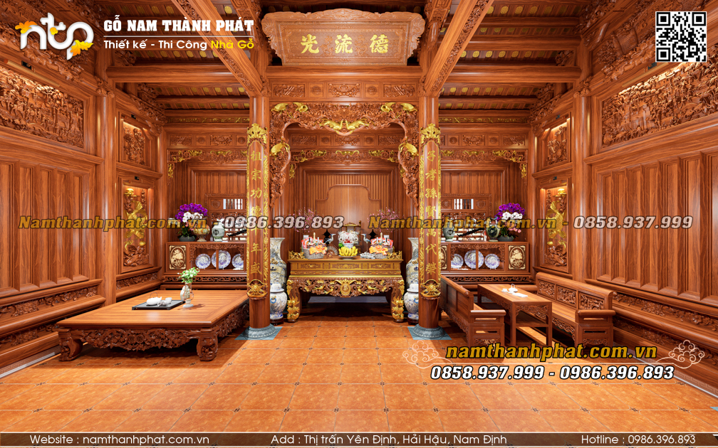 toàn cảnh không gian nội thất nhà gỗ 3 gian