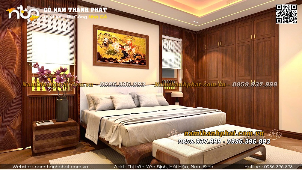 nội thất phòng ngủ gỗ tự nhiên 20m2 đủ tiện nghi