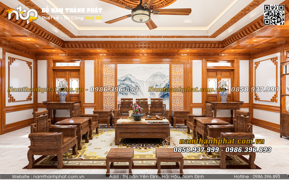 không gian nội thất phòng khách gỗ tự nhiên với cảm giác ấm cúng, sang trọng