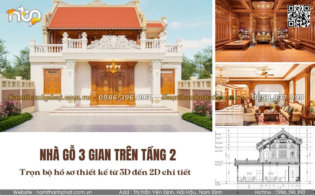 Nhà Gỗ 3 Gian Trên Tầng 2 - Trọn Bộ Hồ Sơ Thiết Kế Đẳng Cấp Từ 3D Đến 2D Chi Tiết