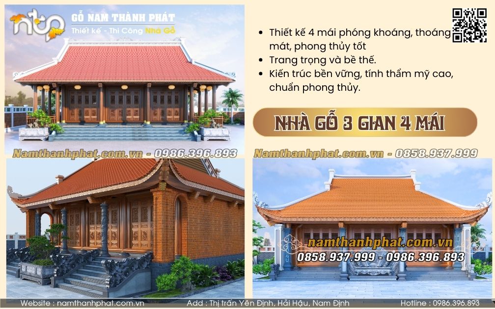Các Mẫu Nhà Gỗ 3 Gian 4 Mái Uy Nghiêm, Trang Trọng Cho Các Công Trình Nhà Thờ Họ, Từ Đường.