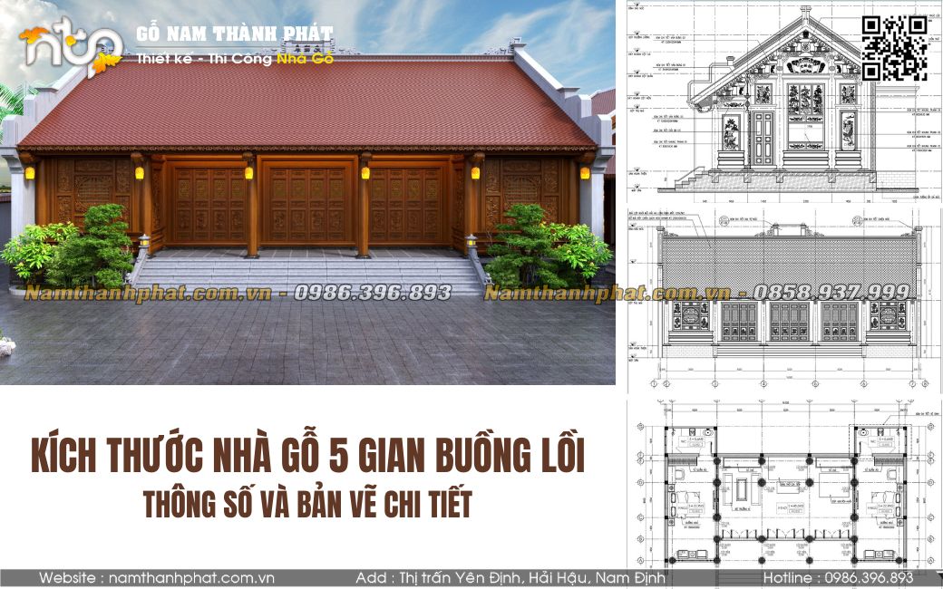 chi tiết kích thước nhà gỗ 5 gian đẹp