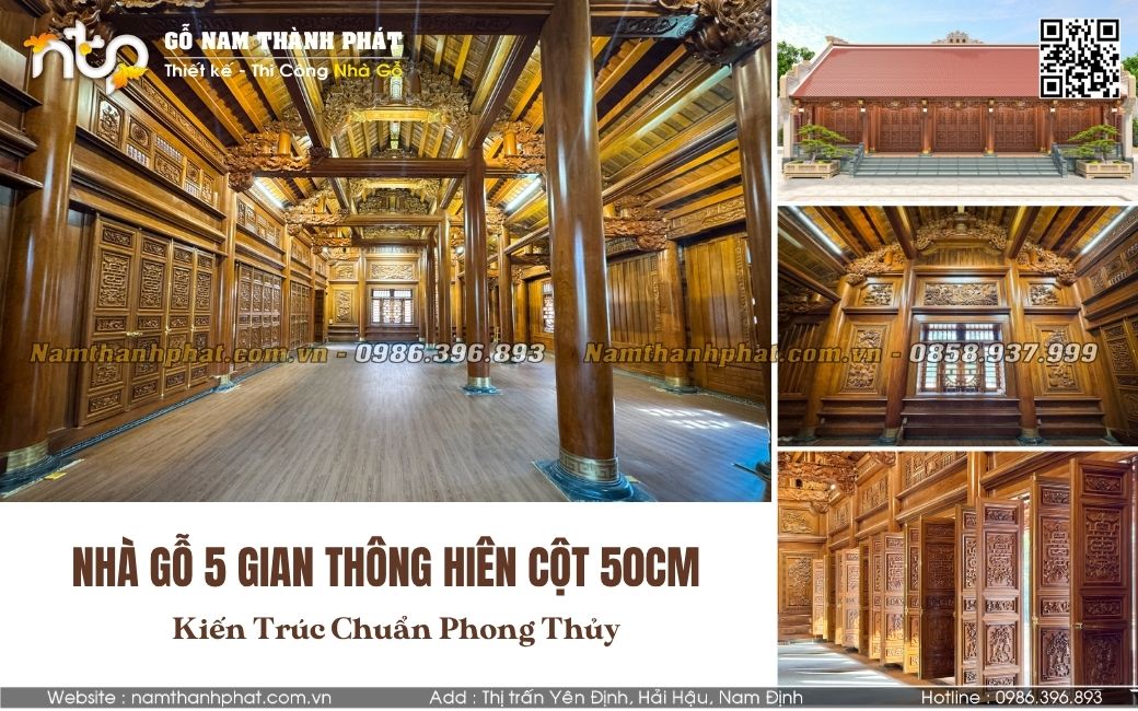 nhà gỗ 5 gian thông hiên cột 50cm siêu bề thế